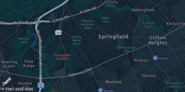 Map of Springfield, PA. The exact address of Springfield Mall is not known, so the map shows the area rather than a specific building.