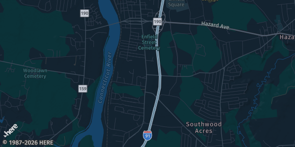 Map of Enfield, CT. The exact address of American Legion Post 80 is not known, so the map shows the area rather than a specific building.