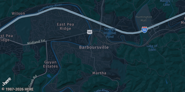 Map of Barboursville, WV. The exact address of Delta Hotel is not known, so the map shows the area rather than a specific building.