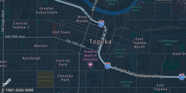 Map of Topeka, KS. The exact address of West Ridge Mall is not known, so the map shows the area rather than a specific building.