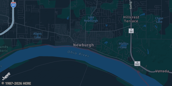 Map of Newburgh, IN. The exact address of American Legion Post 44 is not known, so the map shows the area rather than a specific building.