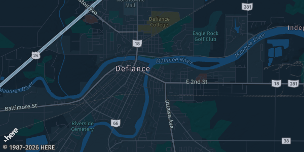 Map of Defiance, OH. The exact address of Northtowne Mall is not known, so the map shows the area rather than a specific building.