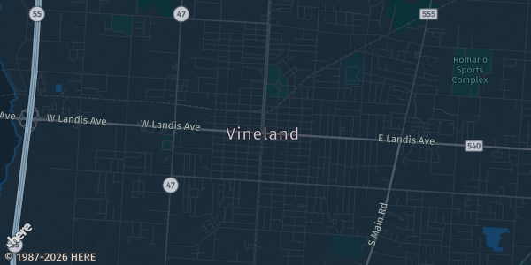 Map of Vineland, NJ. The exact address of Cumberland Mall is not known, so the map shows the area rather than a specific building.