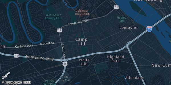 Map of Camp Hill, PA. The exact address of Capital City Mall is not known, so the map shows the area rather than a specific building.