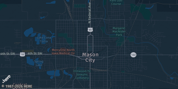 Map of Mason City, IA. The exact address of Southbridge Mall is not known, so the map shows the area rather than a specific building.