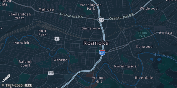 Map of Roanoke, VA. The exact address of Tanglewood Mall is not known, so the map shows the area rather than a specific building.