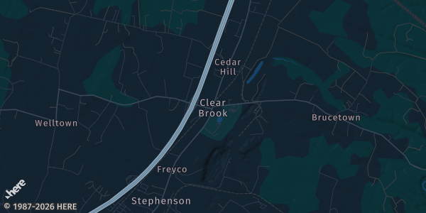 Map of Clear Brook, VA. The exact address of Stonewall District Ruritan Club is not known, so the map shows the area rather than a specific building.
