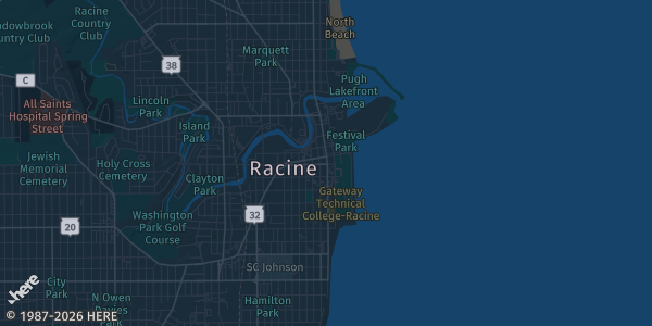 Map of Racine, WI. The exact address of WSCA - Roma Lodge is not known, so the map shows the area rather than a specific building.