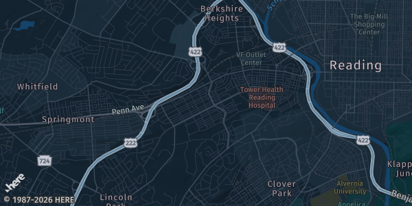 Map of Wyomissing, PA. The exact address of Berkshire Mall is not known, so the map shows the area rather than a specific building.