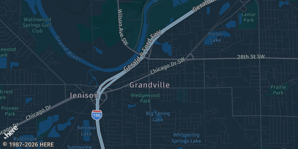 Map of Grandville, MI. The exact address of Rivertown Crossing Mall is not known, so the map shows the area rather than a specific building.