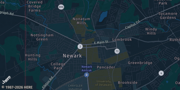 Map of Newark, DE. The exact address of Sports Card & Collectible Show is not known, so the map shows the area rather than a specific building.