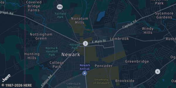 Map of Newark, DE. The exact address of Sports Card & Collectible Show is not known, so the map shows the area rather than a specific building.
