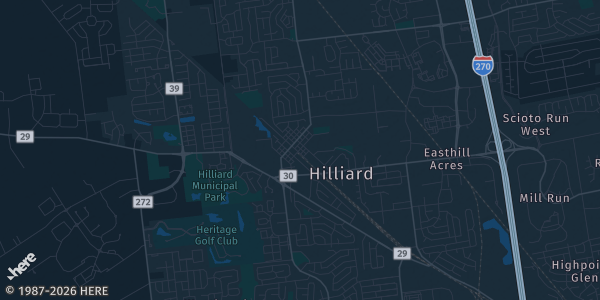 Map of Hilliard, OH. The exact address of Franklin County Fairgrounds is not known, so the map shows the area rather than a specific building.