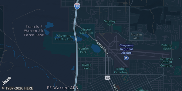 Map of Cheyenne, WY. The exact address of Kiwanis Community House is not known, so the map shows the area rather than a specific building.