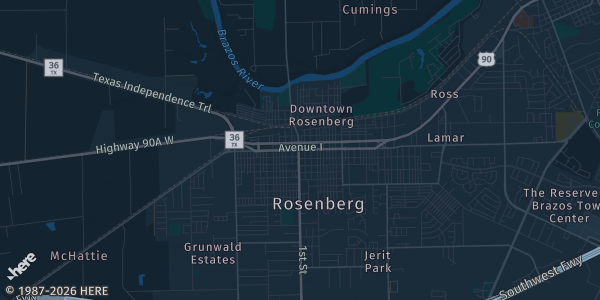 Map of Rosenberg, TX. The exact address of Fort Bend County Epicenter is not known, so the map shows the area rather than a specific building.