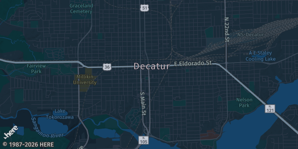 Map of Decatur, IL. The exact address of VWF Post 99 is not known, so the map shows the area rather than a specific building.