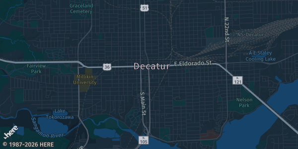 Map of Decatur, IL. The exact address of VWF Post 99 is not known, so the map shows the area rather than a specific building.