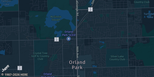 Map of Orland Park, IL. The exact address of Orland Park Civic Center is not known, so the map shows the area rather than a specific building.