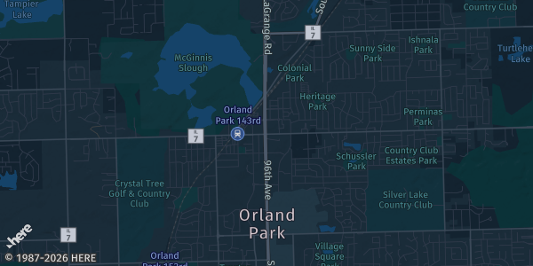 Map of Orland Park, IL. The exact address of Orland Park Civic Center is not known, so the map shows the area rather than a specific building.