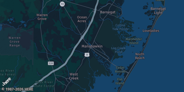 Map of Manahawkin, NJ. The exact address of Beach Haven Moose Lodge 120 is not known, so the map shows the area rather than a specific building.
