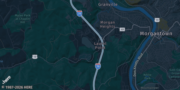 Map of Morgantown, WV. The exact address of Sports Cards, Collectibles & Pokemon Show is not known, so the map shows the area rather than a specific building.
