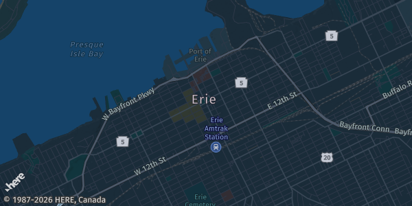 Map of Erie, PA. The exact address of Millcreek Mall is not known, so the map shows the area rather than a specific building.