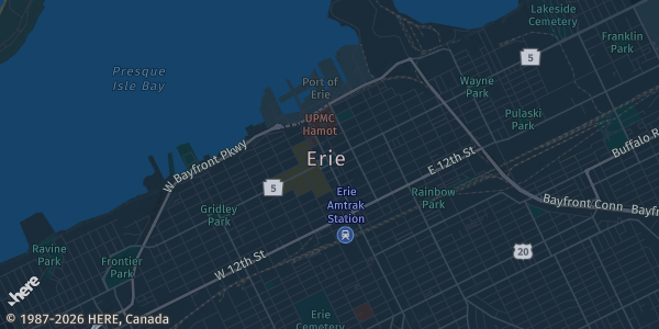 Map of Erie, PA. The exact address of Millcreek Mall is not known, so the map shows the area rather than a specific building.