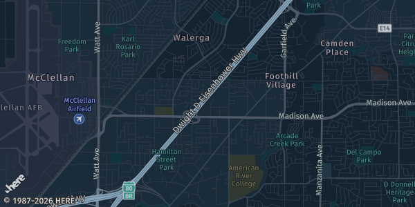 Map of Sacramento, CA. The exact address of Wyndham Sacramento is not known, so the map shows the area rather than a specific building.