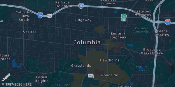 Map of Columbia, MO. The exact address of Hilton Garden Inn Conference Center is not known, so the map shows the area rather than a specific building.
