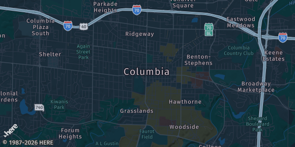 Map of Columbia, MO. The exact address of Hilton Garden Inn Conference Center is not known, so the map shows the area rather than a specific building.