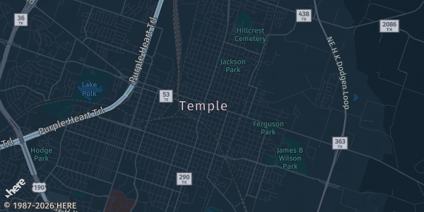 Map of Temple, TX. The exact address of Holiday Inn is not known, so the map shows the area rather than a specific building.