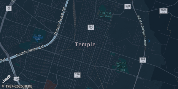 Map of Temple, TX. The exact address of Holiday Inn is not known, so the map shows the area rather than a specific building.