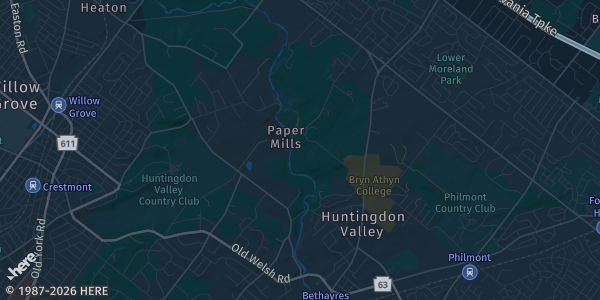 Map of Huntingdon Valley, PA. The exact address of St. Albert The Great Auditorium is not known, so the map shows the area rather than a specific building.