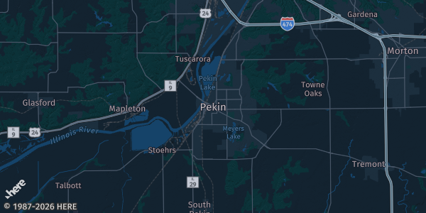 Map of Pekin, IL. The exact address of Avanti's Event Center is not known, so the map shows the area rather than a specific building.