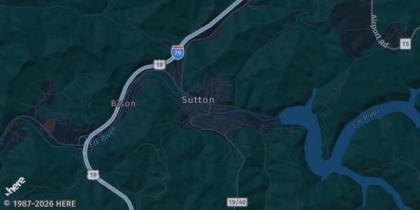 Map of Sutton, WV. The exact address of Days Inn Flatwood is not known, so the map shows the area rather than a specific building.