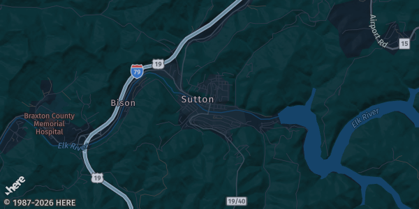 Map of Sutton, WV. The exact address of Days Inn Flatwood is not known, so the map shows the area rather than a specific building.
