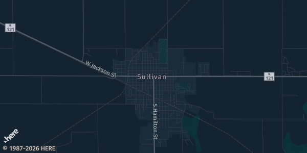 Map of Sullivan, IL. The exact address of Sullivan American Legion is not known, so the map shows the area rather than a specific building.