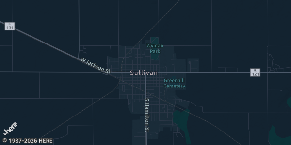Map of Sullivan, IL. The exact address of Sullivan American Legion is not known, so the map shows the area rather than a specific building.