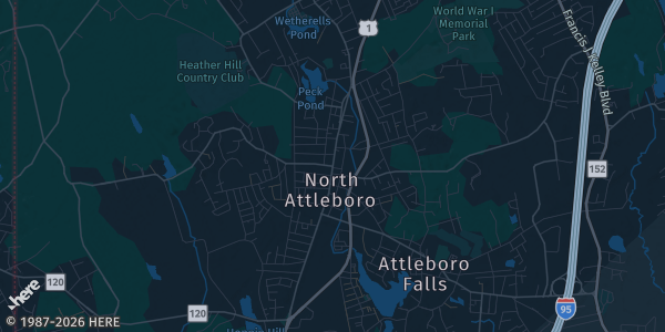 Map of North Attleboro, MA. The exact address of Emerald Square Mall is not known, so the map shows the area rather than a specific building.
