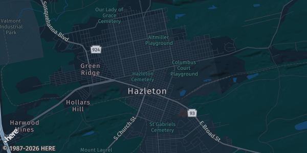 Map of Hazleton, PA. The exact address of Laurel Mall is not known, so the map shows the area rather than a specific building.