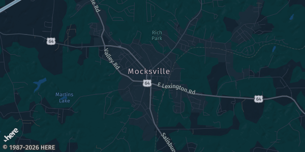 Map of Mocksville, NC. The exact address of Davie County Community Center Main Gym is not known, so the map shows the area rather than a specific building.