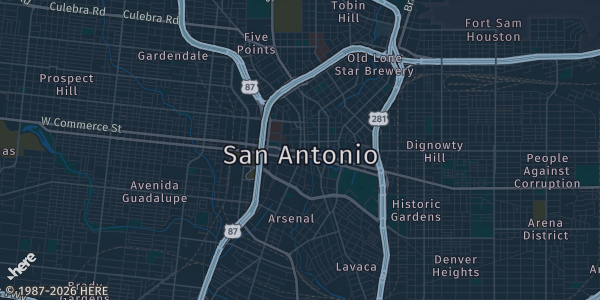 Map of San Antonio, TX. The exact address of Herrman Sons Building is not known, so the map shows the area rather than a specific building.