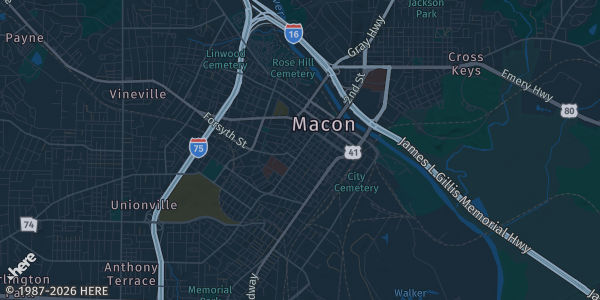 Map of Macon, GA. The exact address of Anderson Conference Center is not known, so the map shows the area rather than a specific building.
