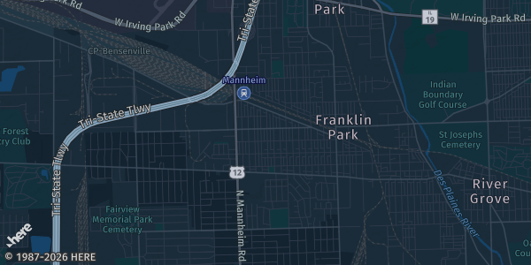 Map of Franklin Park, IL. The exact address of American Legion Post 974 is not known, so the map shows the area rather than a specific building.