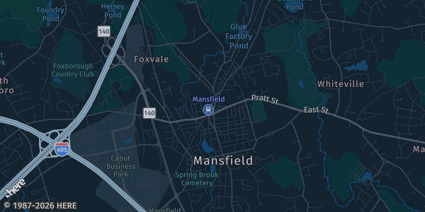 Map of Mansfield, MA. The exact address of Envision Hotel is not known, so the map shows the area rather than a specific building.