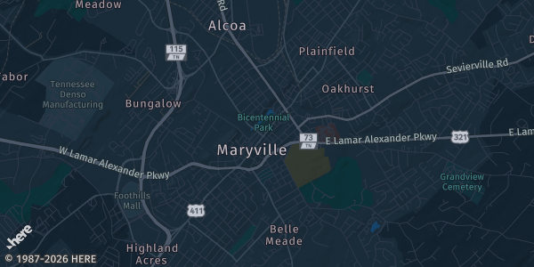 Map of Maryville, TN. The exact address of American Legion #13 is not known, so the map shows the area rather than a specific building.