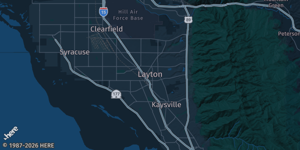 Map of Layton, UT. The exact address of Layton Hills Mall is not known, so the map shows the area rather than a specific building.