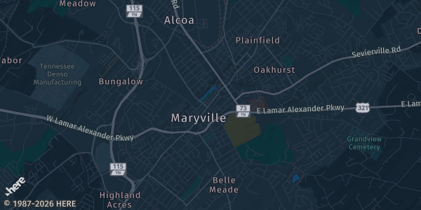 Map of Maryville, TN. The exact address of American Legion #13 is not known, so the map shows the area rather than a specific building.