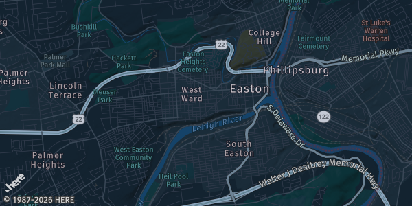 Map of Easton, PA. The exact address of Palmer Park Mall is not known, so the map shows the area rather than a specific building.
