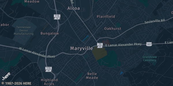 Map of Maryville, TN. The exact address of American Legion #13 is not known, so the map shows the area rather than a specific building.